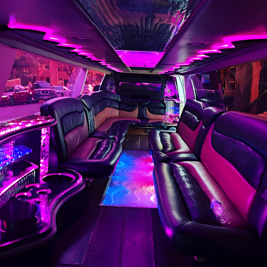Luxury stretch limo interior with mood lighting