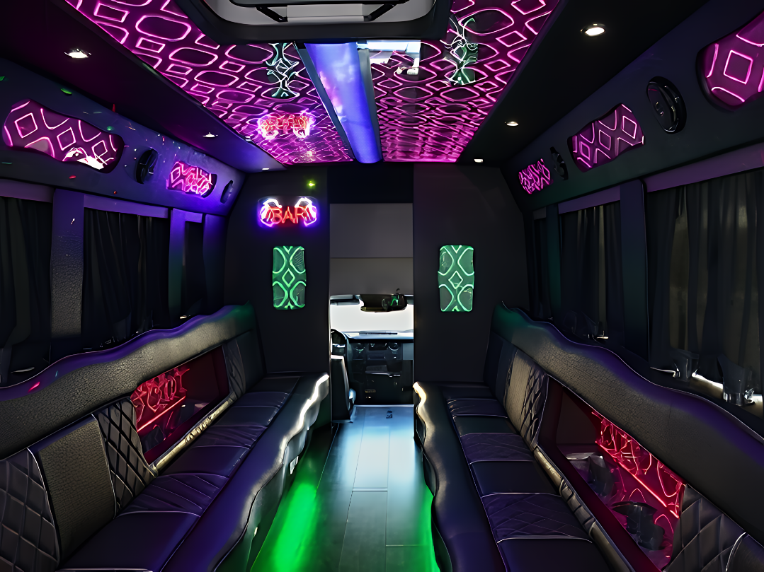 20 passenger party bus interior for New Year's Eve transportation