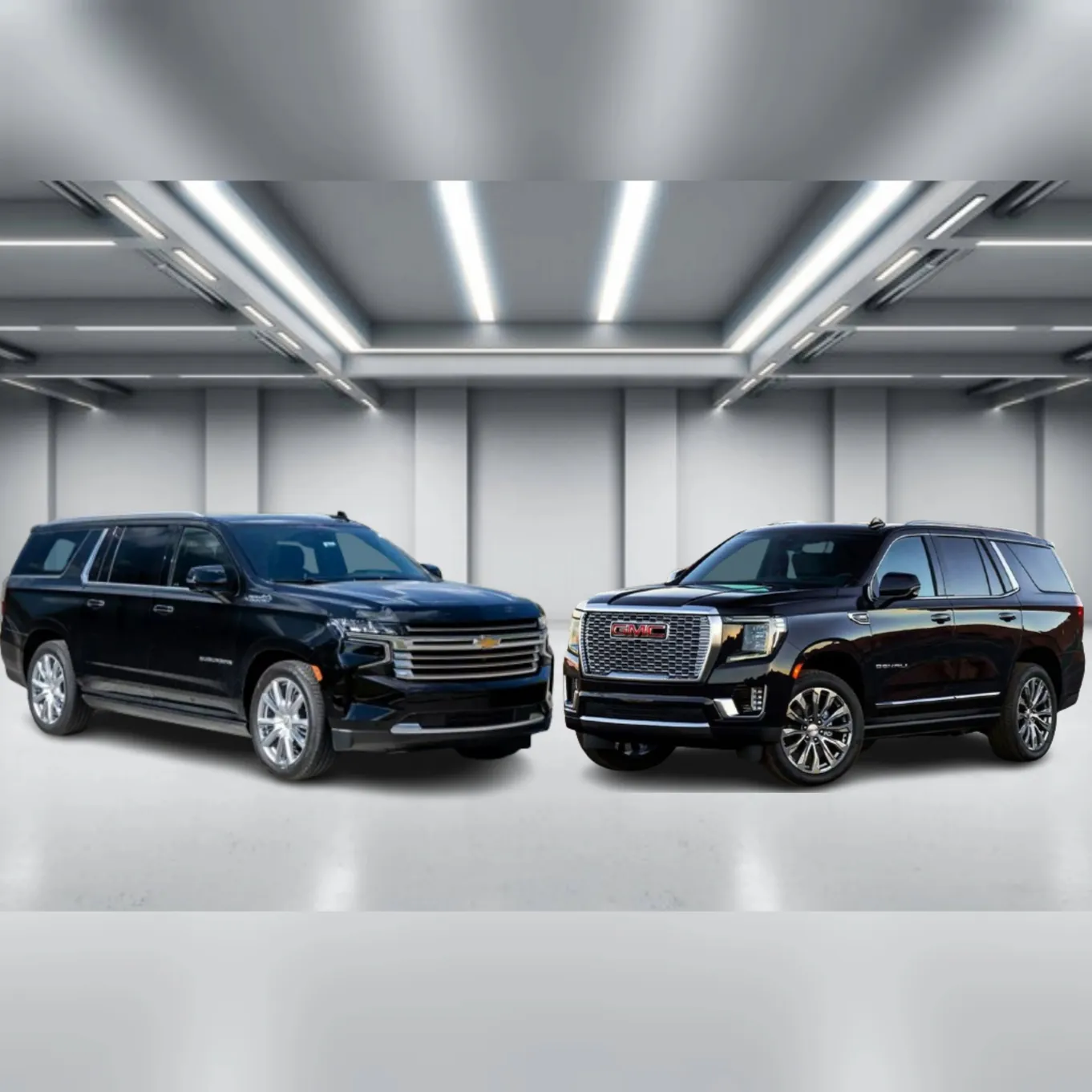 Matching black Chevrolet Suburban and GMC Yukon luxury SUVs for executive transport in Dallas-Fort Worth