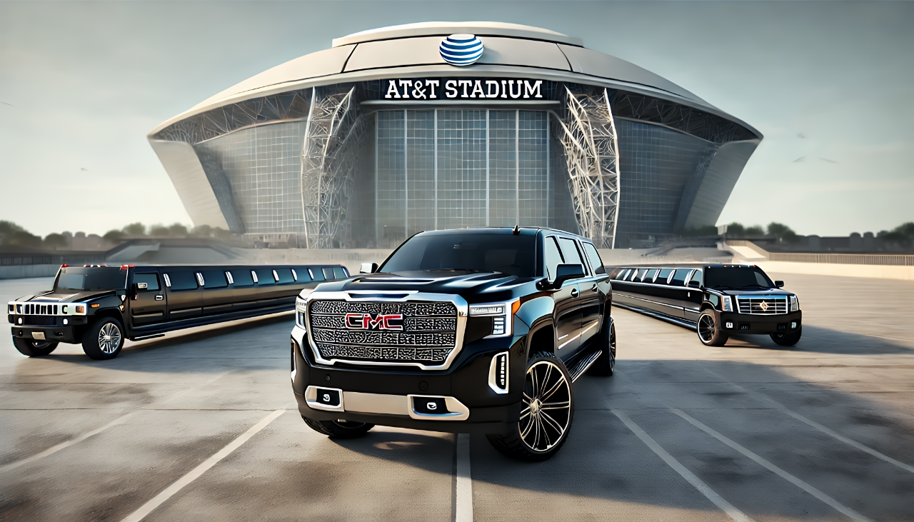Luxury limousine and black SUV at AT&T Stadium in Arlington — Dallas Cowboys game day transportation