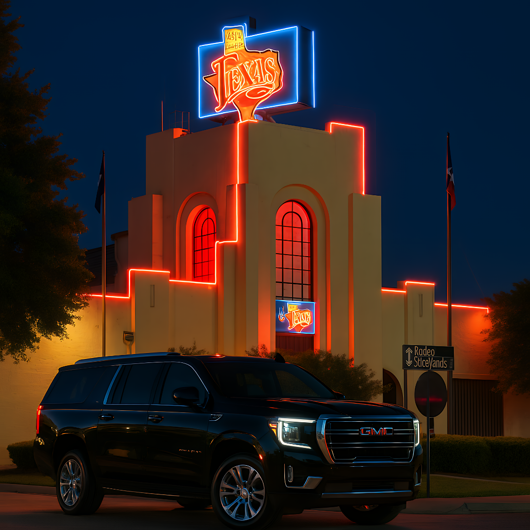 GMC Yukon XL staged at Billy Bob's Texas Fort Worth Stockyards for designated chauffeur and late night Mule Alley transportation Tarrant County