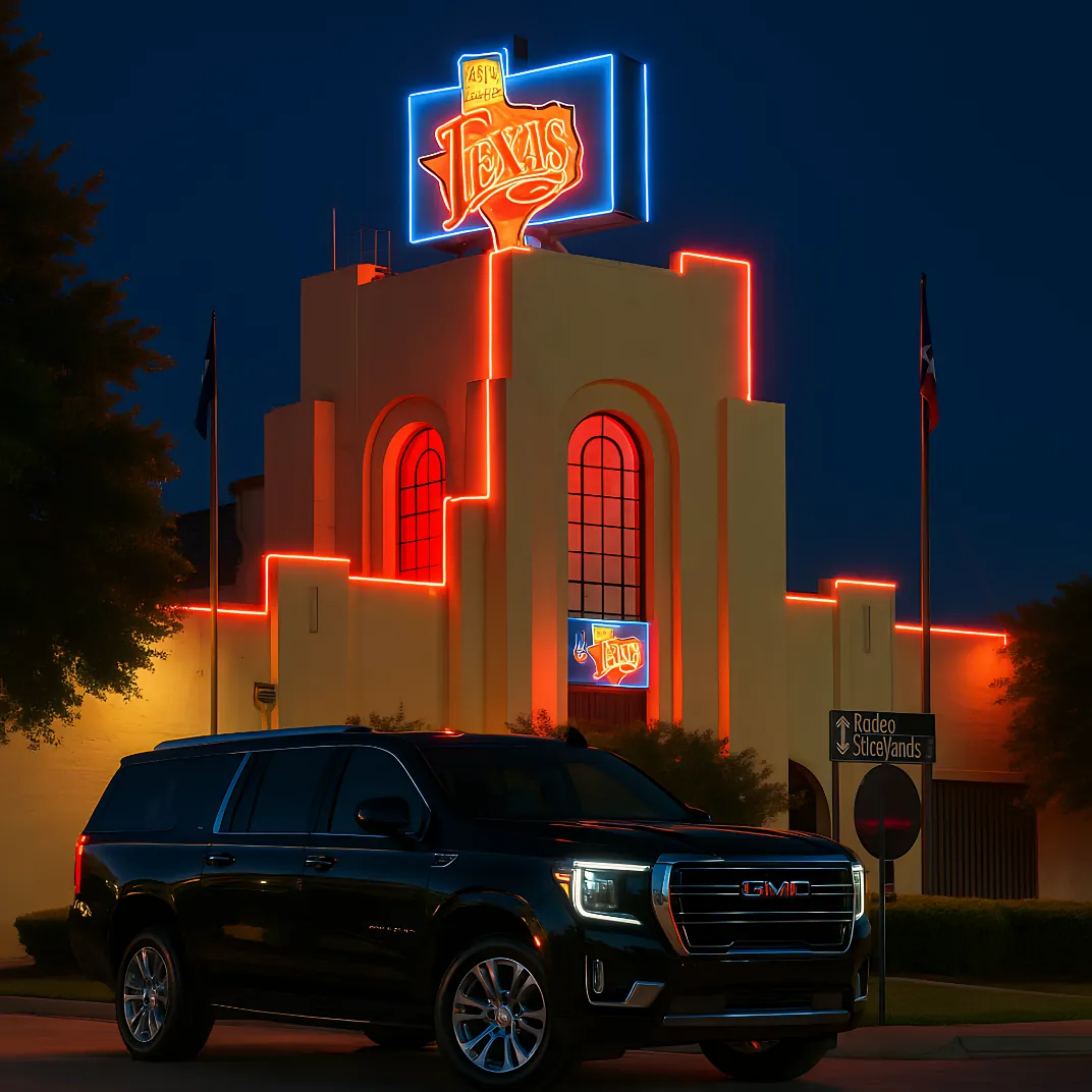 GMC Yukon XL staged at Billy Bob's Texas Fort Worth Stockyards for designated chauffeur service VIP nightlife transportation