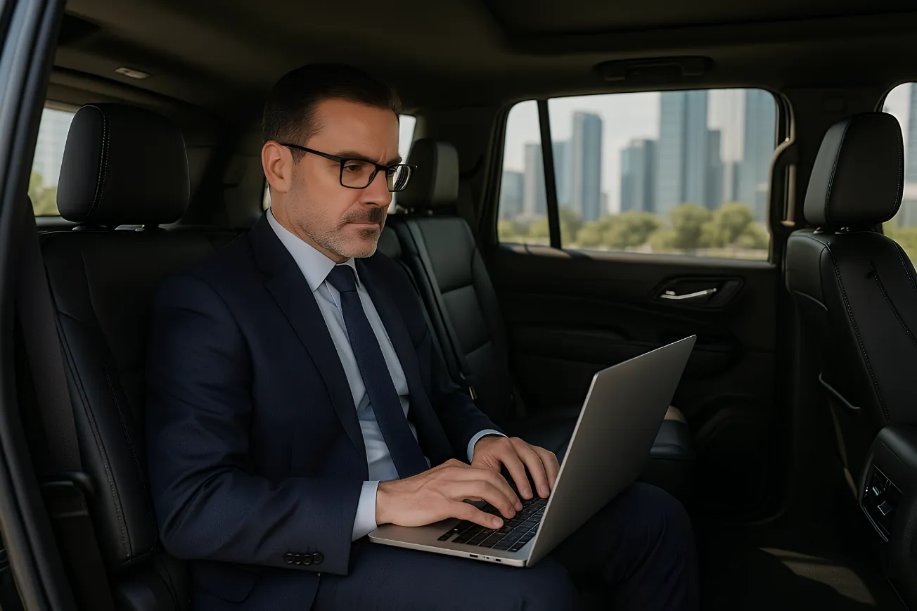 Business executive working on a laptop in the back seat of a luxury corporate vehicle — DFW executive transportation