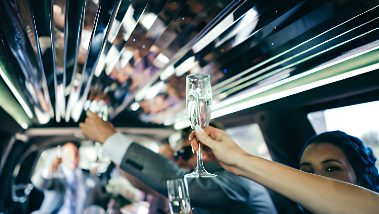 Celebration toast with champagne glasses inside a luxury stretch limousine at a Quinceañera in DFW
