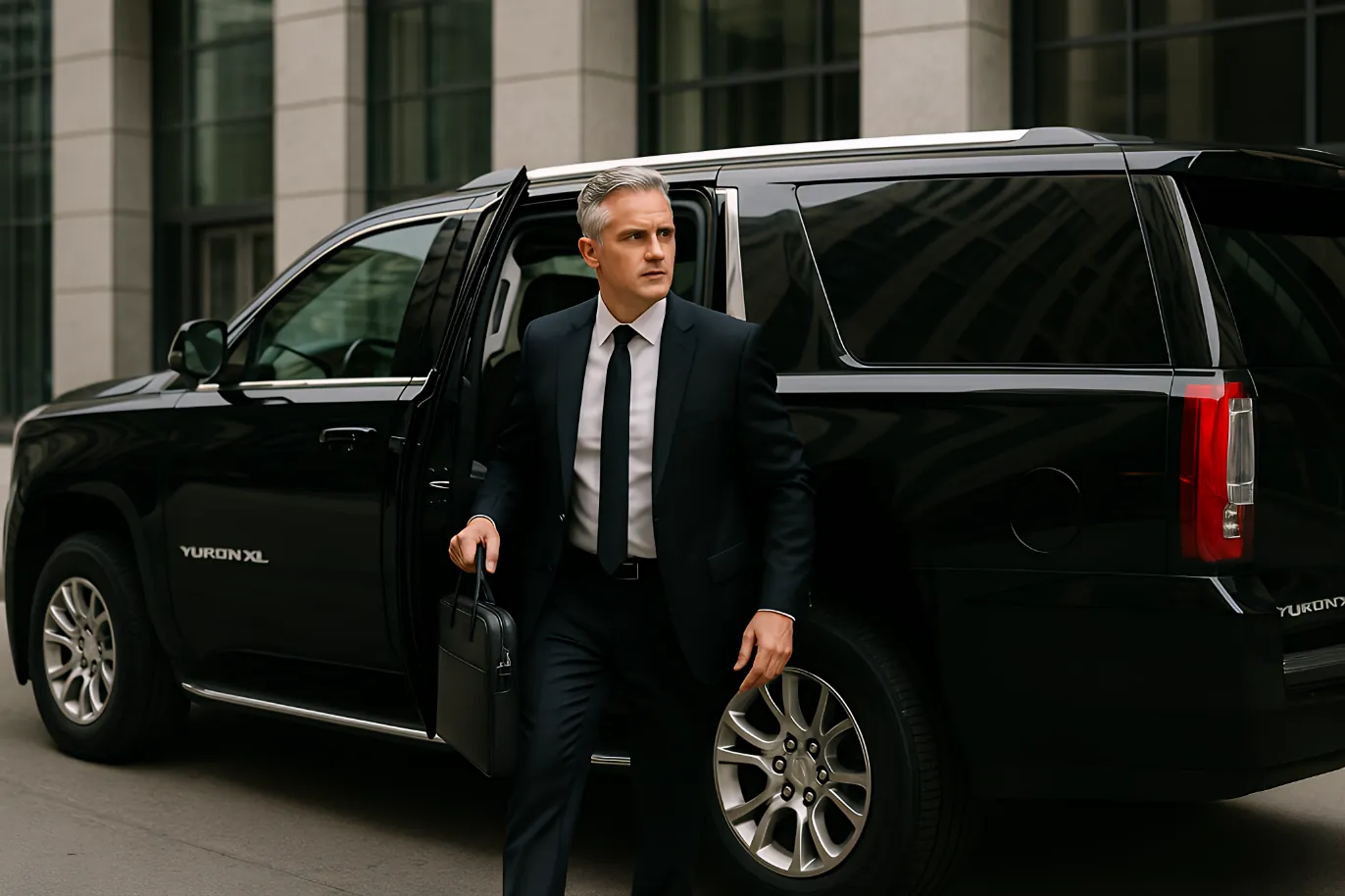 Corporate executive exiting black QTS executive SUV at DFW business venue — professional chauffeur service