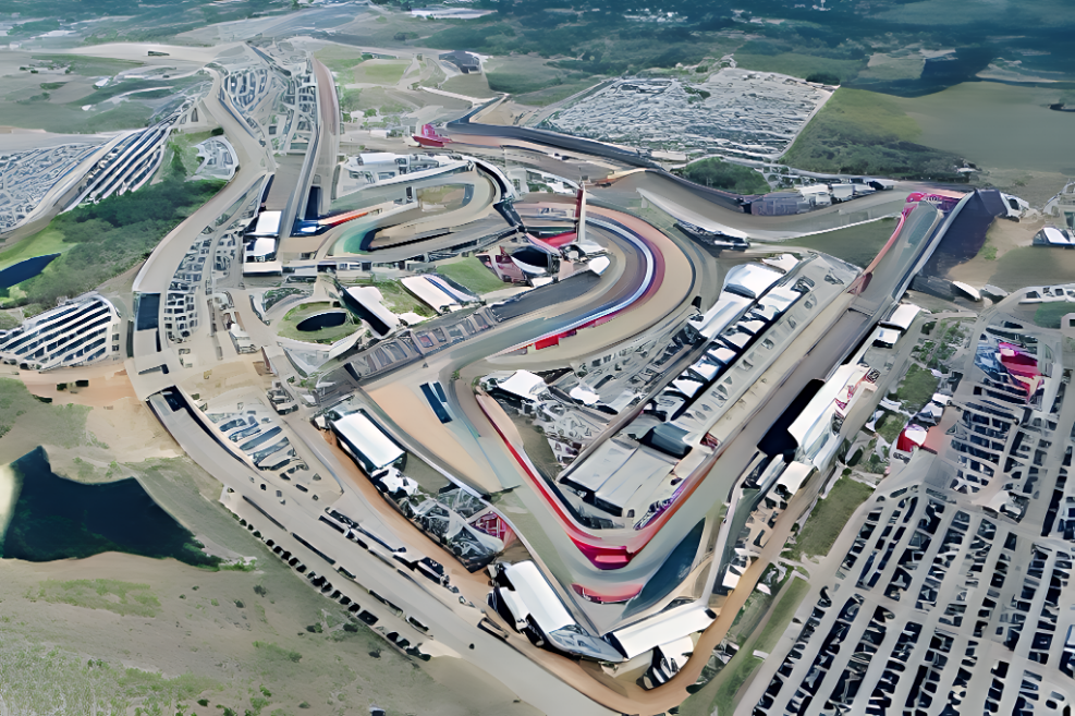 Aerial view of Circuit of the Americas (COTA) track in Austin Texas — F1 United States Grand Prix 2026