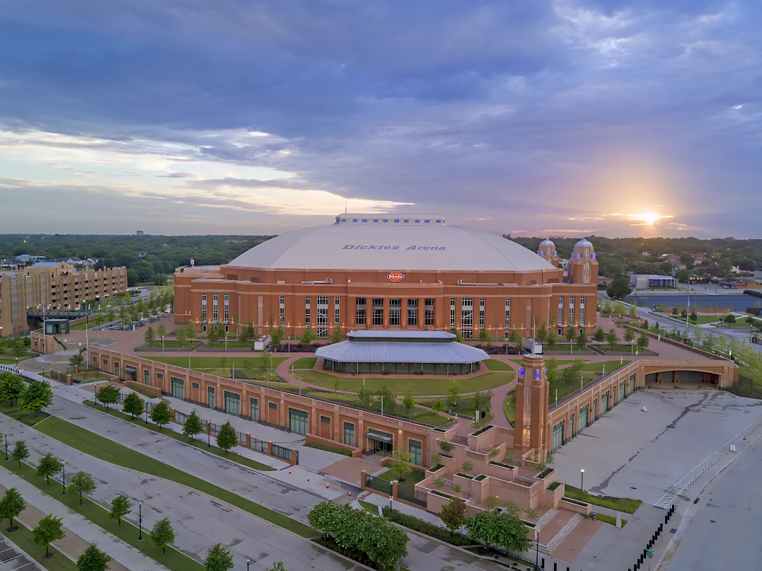 Dickies Arena aerial in Fort Worth Texas — DFW concert transportation to Dickies Arena and American Airlines Center