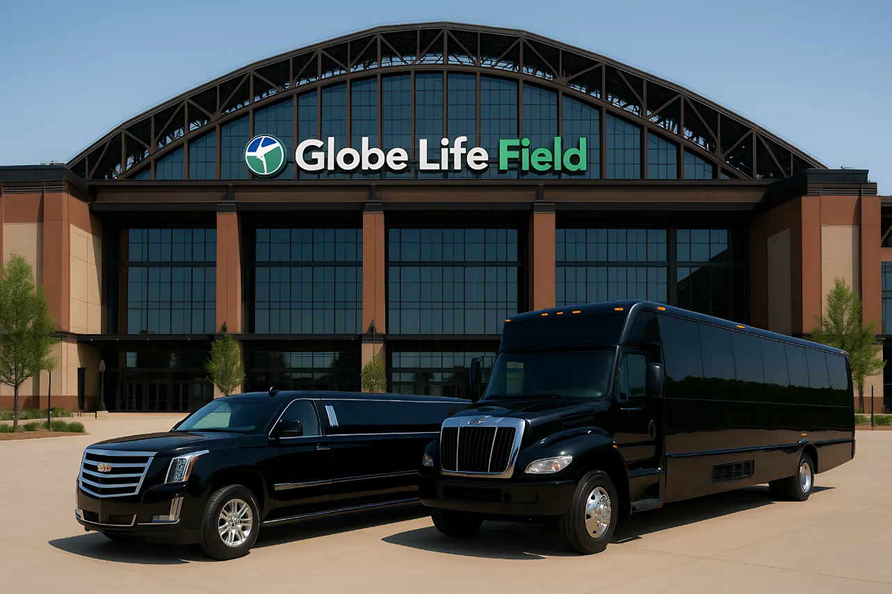 Executive bus and limousine parked outside Globe Life Field in Arlington, Texas — Texas Rangers