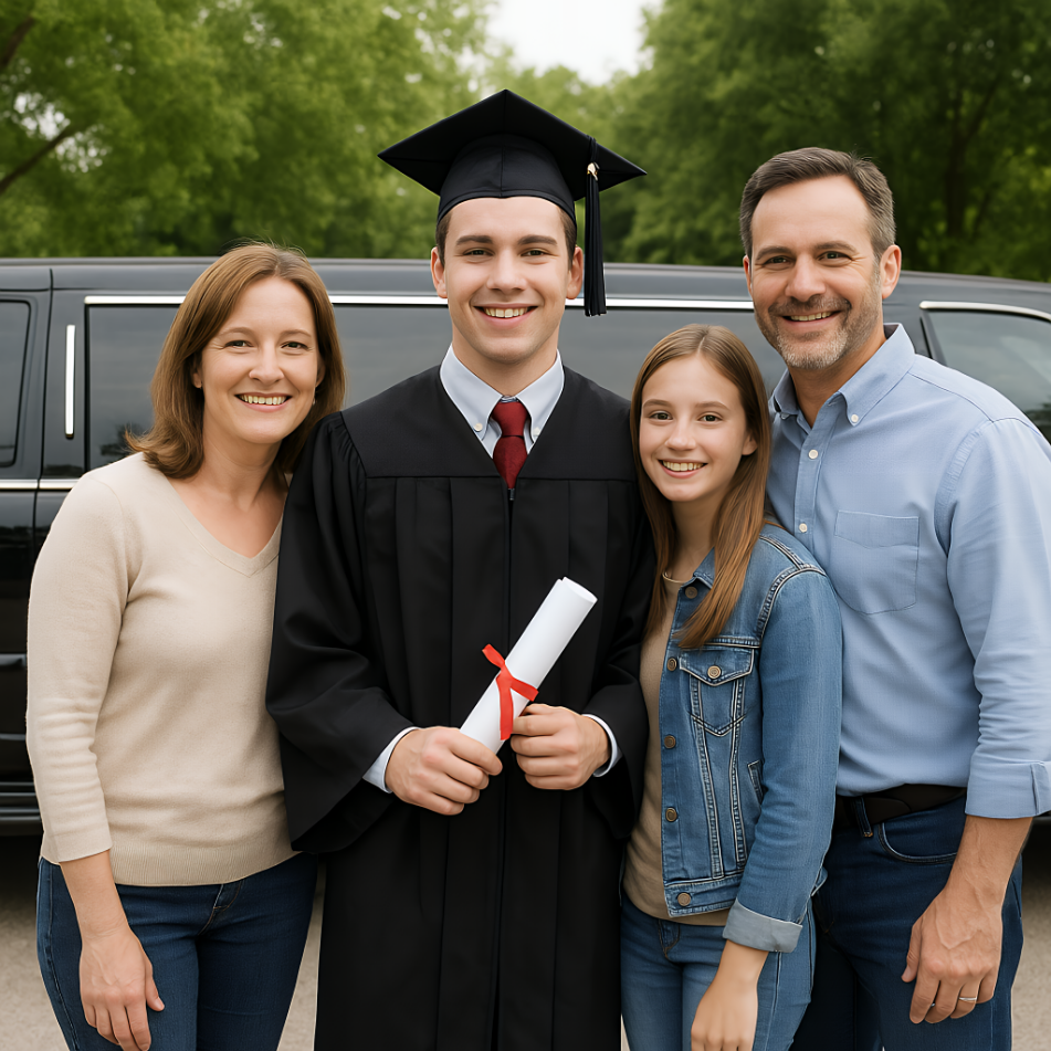 College graduate posing in cap and gown in front of a chauffeured luxury vehicle in Dallas