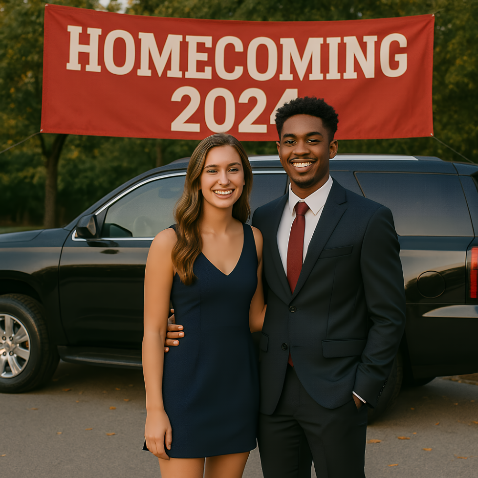 Students gathering for Homecoming transportation with a luxury black SUV in Dallas-Fort Worth