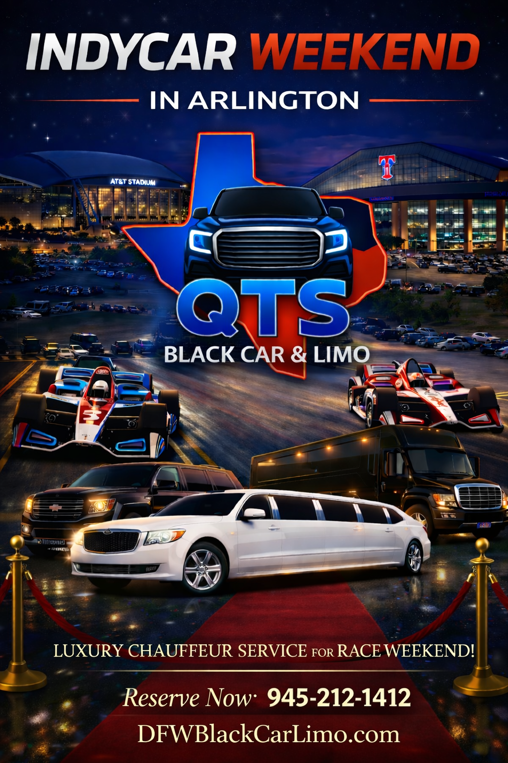 IndyCar Arlington 2026 Promotional Flyer for QTS Black Car Service