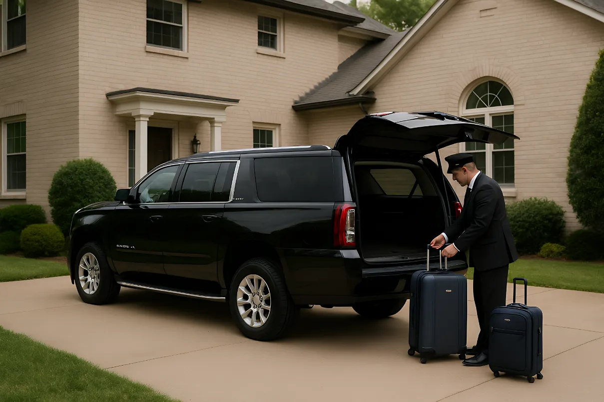 Family group loading into luxury GMC Yukon XL SUV for Six Flags Over Texas and Hurricane Harbor family transportation Arlington TX