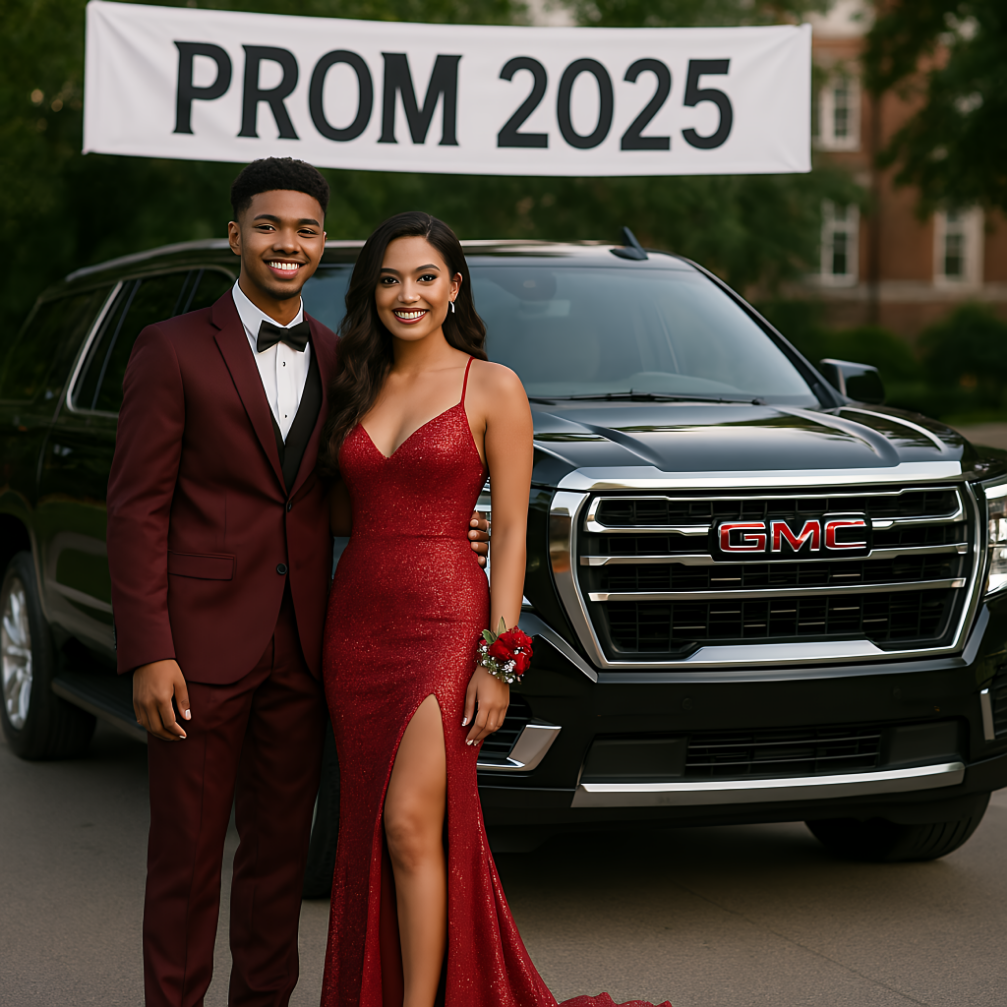 High school teenagers posing for Prom transportation with a chauffeured black SUV in DFW