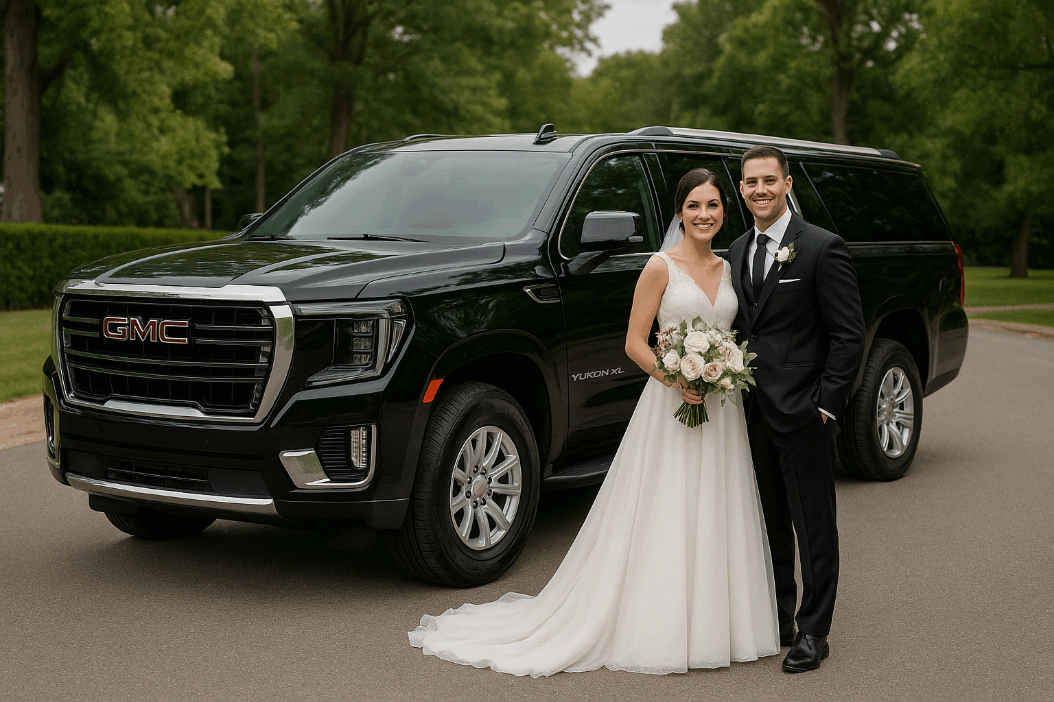 Bride and groom with chauffeured vehicle