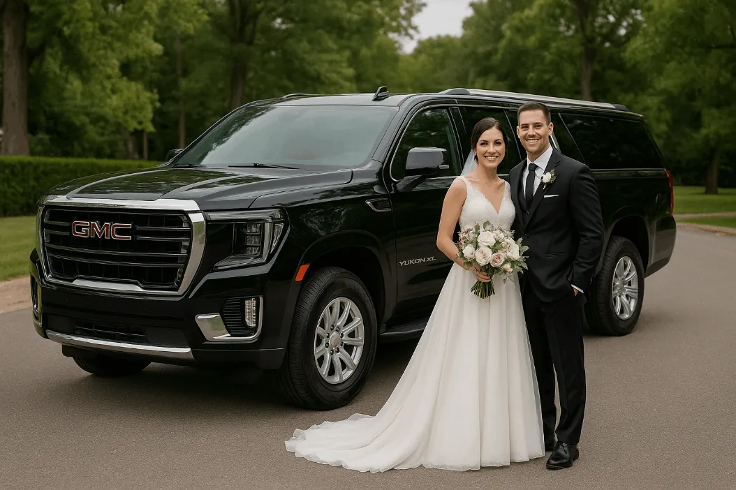 Newlywed wedding couple celebrating beside a chauffeured luxury getaway vehicle in Dallas-Fort Worth
